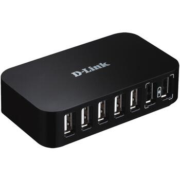 D-Link USB centrmezgls DUB-H7/E, 7x USB 2.0, 480 Mbit/s, 2.4 A, melns, Plug and Play, Mac saderība (DUB-H7/E)