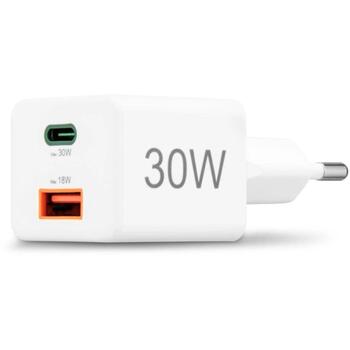 Hama 00201992 ātrais lādētājs, 30W, balts, 100-240V, 50/60Hz, USB-C PD 3.0, USB-A QC 2.0/3.0, 2 ierīces (00201992)