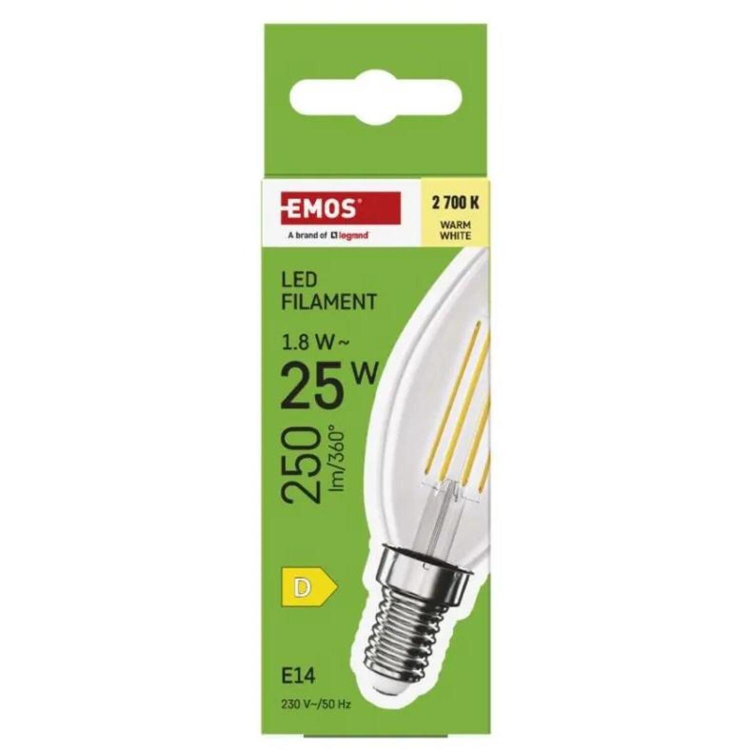 Emos LED лампочка Filament Candle ZF3D02, 1,8 Вт, 250 лм, 230 В, 360°, теплый белый, 4 чипа, 25 000 часов (ZF3D02)