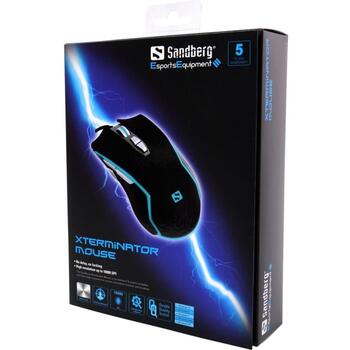 Sandberg Xterminator pele 640-08, 10000 DPI, USB Type-A, 1,8 m, melna, tirkīza, spiedpogas, LED indikatori (640-08)