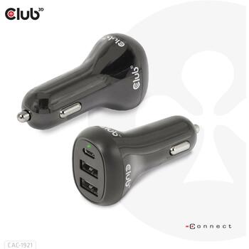Club3D Lādētājs CAC-1921 36W, Ieejas spriegums 12/24V, 2x USB Type-A 5V/3A, 1x USB Type-C 5V/3A, 9V/2A, OCP, OVP, SCP, OTP (CAC-1921)