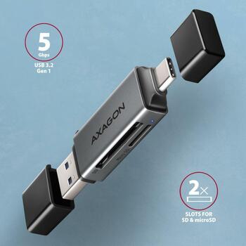Axagon Читатель карт памяти CRE-DAC USB 3.0 Type-A/Type-C 5000 Mbit/s 2 слота, совместимые карты памяти: MicroSD, SD, MMC, серый (CRE-DAC)