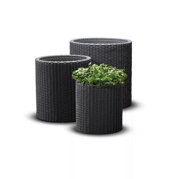 Keter Cylinder Planters S+M+L набор цветочных горшков, 29197934939, 3 шт., серый, имитация ротанга, дренаж (29197934939)