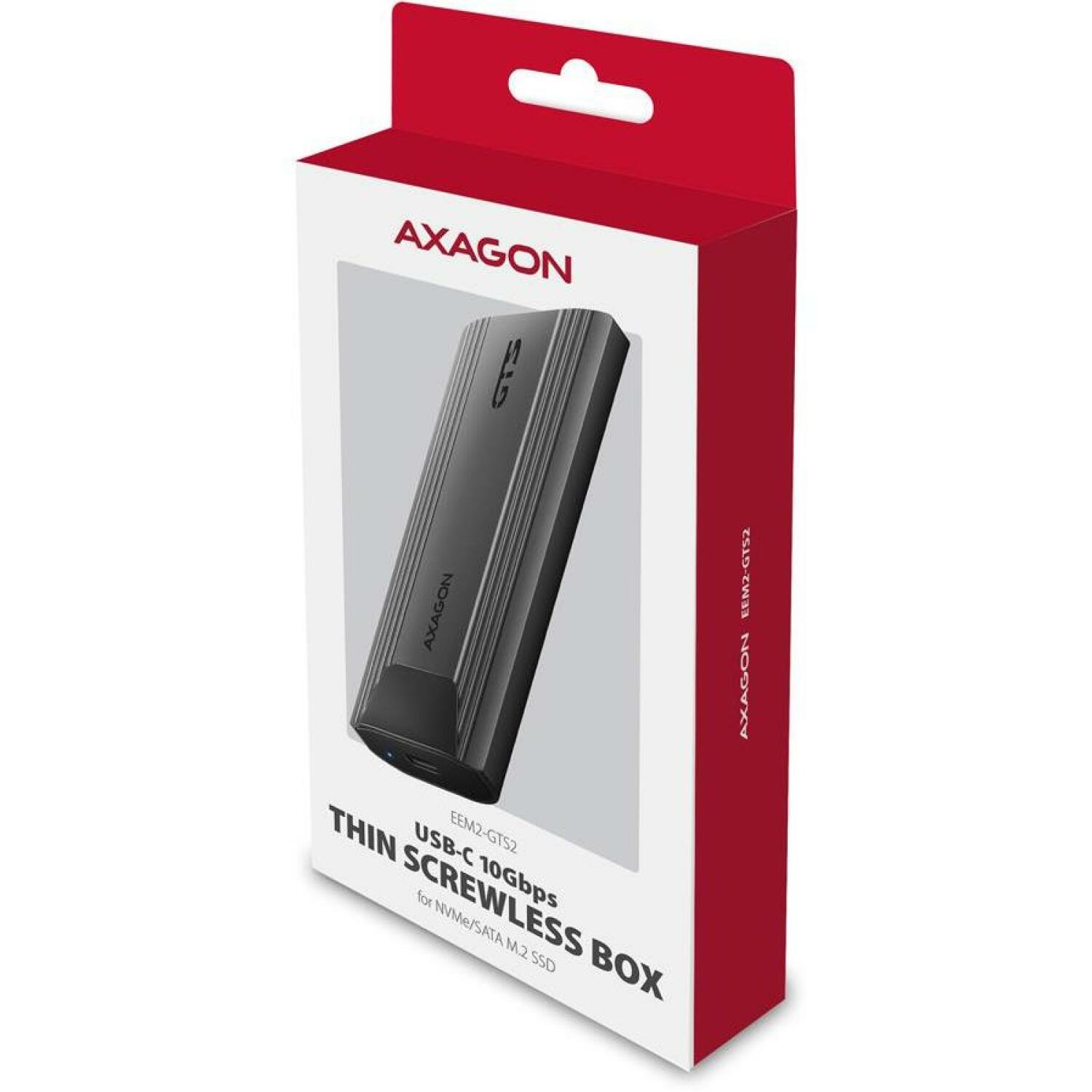 Axagon SSD корпус EEM2-GTS2 USB-C 10Gbps, M.2 NVMe/SATA, 112 x 40 x 14 мм, 0.5 м кабель, 1 термопроводящий коврик (EEM2-GTS2)
