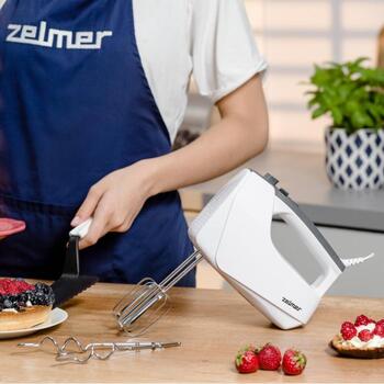 Zelmer ZHM2550 70305360P, ручной миксер, 750 Вт, 5 скоростей, турбо, 2 венчика, крюки для теста, Soft Touch, белый/серый (70305360P)