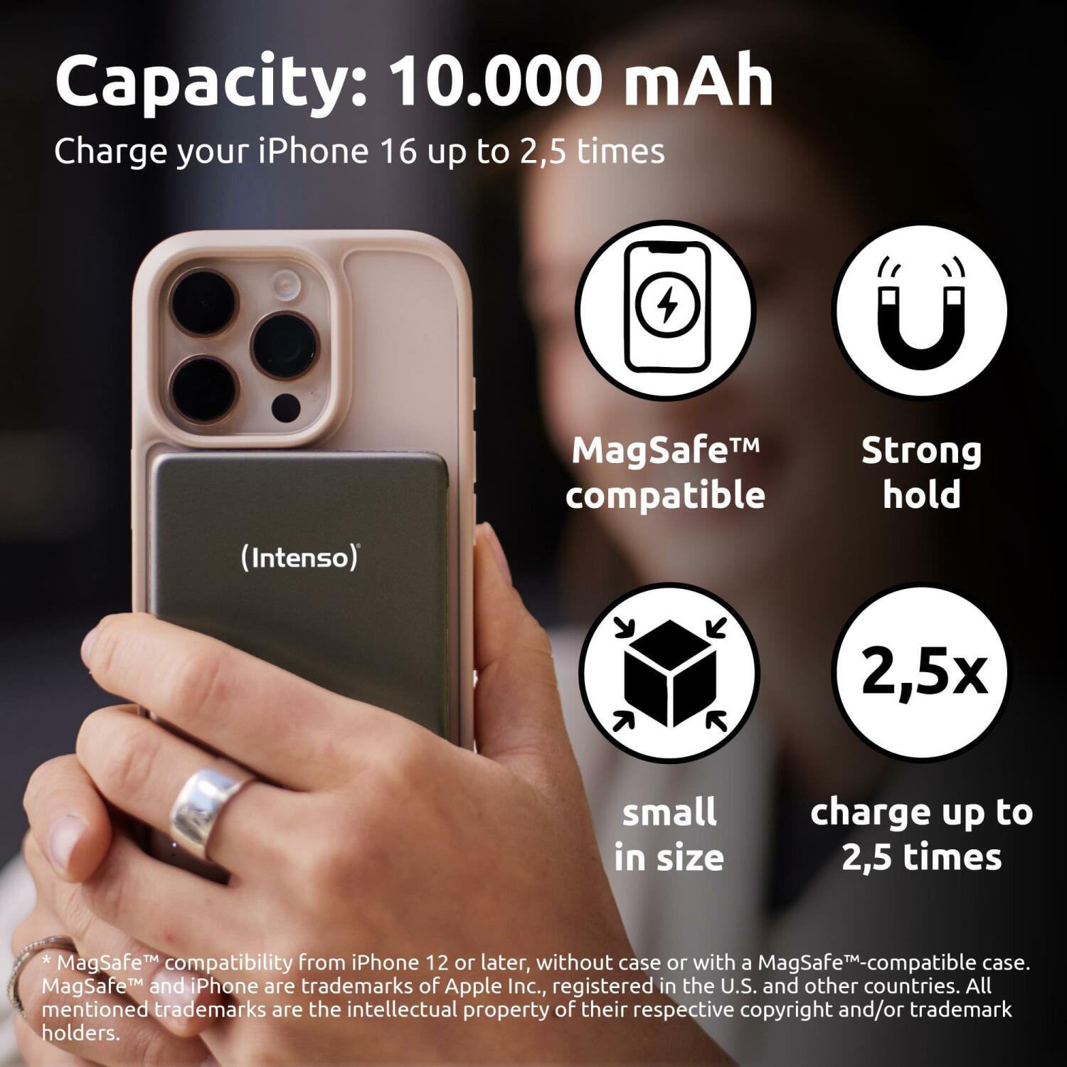 Intenso Power Bank 7344034 10000 мАч, 20 Вт USB-C PD, 15 Вт беспроводная зарядка, совместим с MagSafe, серый (7344034)