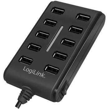 LogiLink USB концентратор UA0125, 10x USB 2.0, 480 Мбит/с, 5В 3.5А, черный, кнопка вкл выкл, защита от перегрузки (UA0125)