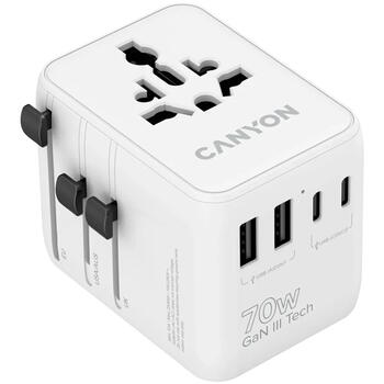 Kompakts ceļojumu lādētājs ar 70 W maksimālo jaudu un savietojamību EU UK US AUS kontaktligzdām OnTour 70 EU UK US AUS 70W Balts CNS-TA70W1006W CANYON (CNS-TA70W1006W)