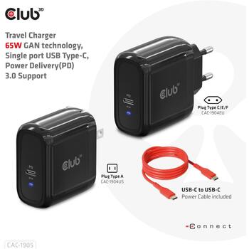 Club3D lādētājs CAC-1905EU 65W, 100-240V, 1x USB Type-C, PD 3.0, OCP, OVP, SCP, OTP, CE, FCC, melns (CAC-1905EU)