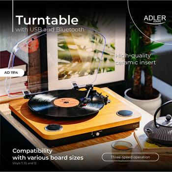 Adler Виниловый проигрыватель AD 1914w, 33.3 RPM, 45 RPM, 75 RPM, USB, Bluetooth 5.4, 2x0.8 W динамики (AD 1914w)