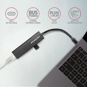 Axagon USB centrmezgls HMC-GL3A 3x USB 3.2, 1x RJ-45, 20 cm strāvas kabelis, alumīnija korpuss (HMC-GL3A)