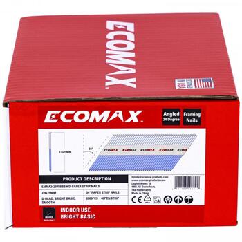 Ecomax гвозди для гвоздезабивного пистолета EMNA342975BBSMD&EMX, 75x2,9мм, 2000 шт, 34°, без покрытия, гладкие, D-образная головка (EMNA342975BBSMD&EMX)