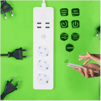 Tellur pagarinātājs TLL331031, 3 kontaktligzdas, 4 USB 4A, 2200W, 10A, 1.8m (TLL331031)