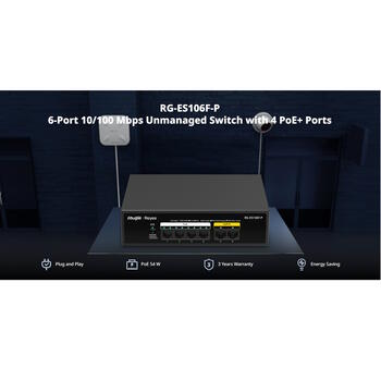 Ruijie RG-ES106F-P 6-портовый PoE коммутатор, 4x10/100 Mbps PoE, 1x10/100 Mbps uplink, бюджет PoE 60W, 30W/порт, защита 4kV (RG-ES106F-P)