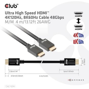 Club3D HDMI кабель CAC-1374 4 м 48 Гбит/с 4K120Hz 8K60Hz, 26 AWG, золотые контакты, 3D, eARC, HDR (CAC-1374)