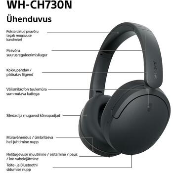 Sony bezvadu austiņas WH-CH730N WHCH730NB.CE7, 30 mm, 6-20000 Hz, 100 Ω, 108 dB, aktīvā trokšņu slāpēšana, Bluetooth 6.0, 50 h (WHCH730NB.CE7)