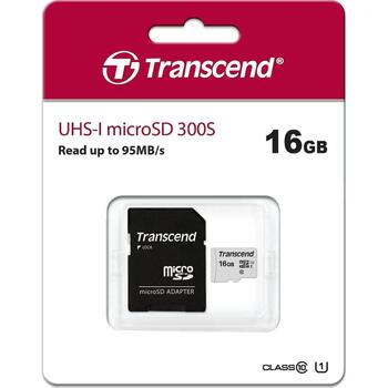 Transcend microSDHC карта памяти TS16GUSD300S-A, 16GB, Class 10, UHS-I U1, 95MB/s чтение, 10MB/s запись, SD адаптер (TS16GUSD300S-A)