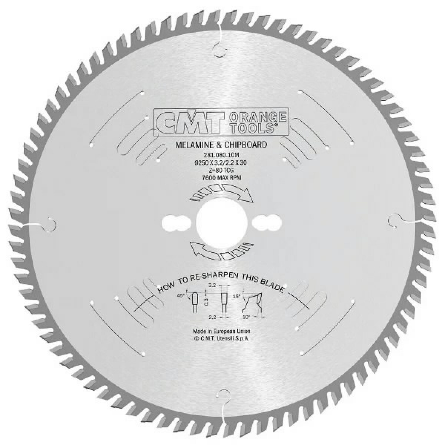 Cmt Zāģripa 281.080.10M, 250mm, 30mm, 80, 3,2mm, 10°, TCG, vienpusēji vai divpusēji laminēti paneļi (281.080.10M)