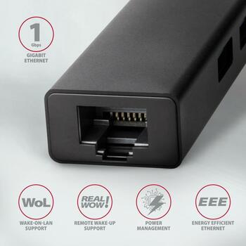 Axagon USB centrmezgls HMC-GL3A 3x USB 3.2, 1x RJ-45, 20 cm strāvas kabelis, alumīnija korpuss (HMC-GL3A)