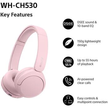 Sony наушники WH-CH530 WHCH530P.CE7, 30мм, 20-20000Гц, 55ч, Bluetooth 6.0, USB-C, микрофон, шумоподавление, розовый (WHCH530P.CE7)