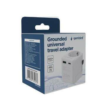 Gembird strāvas adapteris TPA-EU1A1C20-01-W 20W, 2 USB porti, EU Schuko, GaN tehnoloģija, 20W PD, 18W QC 3.0, 10A fuse (TPA-EU1A1C20-01-W)