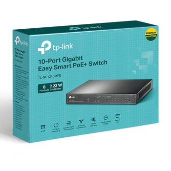 TP-LINK TL-SG1210MPE коммутатор, 9xGigabit RJ45, 1xSFP/RJ45, 8xPoE+, 123W, 20Gbps, VLAN, без вентилятора (TL-SG1210MPE)