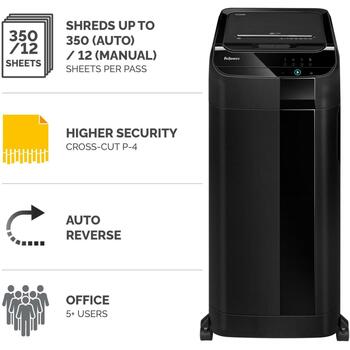 Fellowes Slēdzis AutoMax 350C 4964101 350 lapas, 4 x 38 mm, 68 L, P-4, Kluss, SmartLock, Auto Reverse, 4 riteņi (4964101)