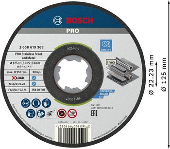 X-LOCK Standard for Inox 125 × 1,6 × 22,23 mm, Mazām leņķa slīpmašīnām PRO STAINLESS STEEL AND METAL GRIEZĒJDISKS AR SAISTVIELĀM, 2608619363, BOSCH (2608619363)