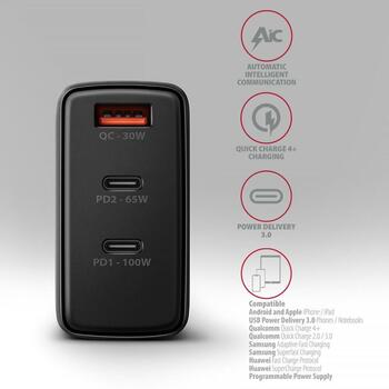 Axagon настенный зарядное устройство ACU-DPQ100 100W, 100-240V, 3 порта, QC 4+, PD 3.0, черный, защита питания (ACU-DPQ100)