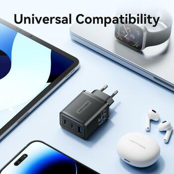 Vention зарядное устройство FERB0-EU 65W PD быстрая зарядка, 3 устройства, 2 USB-C, 1 USB-A, черный, GaN технология (FERB0-EU)