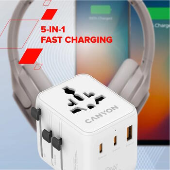 Kompakts ceļojumu lādētājs ar 20 W maksimālo jaudu un savietojamību EU UK US AUS kontaktligzdām OnTour 20 EU UK US AUS 20W Balts CNS-TA20W1005W CANYON (CNS-TA20W1005W)