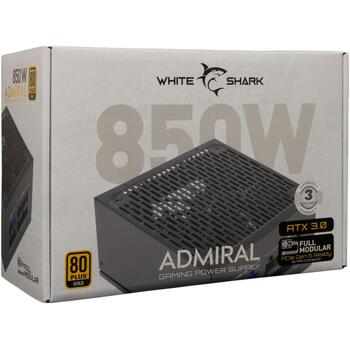 White Shark Barošanas bloks ADMIRAL, 850 W, ATX, 80 Plus Gold, 2x6+2 Pin, 6 SATA, 3 Molex, hidrauliskais ventilators (ADMIRAL)