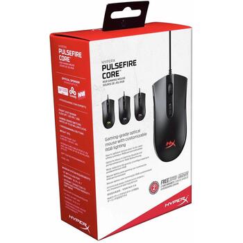 HyperX Pulsefire Core HX-MC004B 4P4F8AA, optiskā spēļu pele, 6200 DPI, 7 pogas, USB, melna, RGB apgaismojums, 1000 Hz, 220 ips (4P4F8AA)