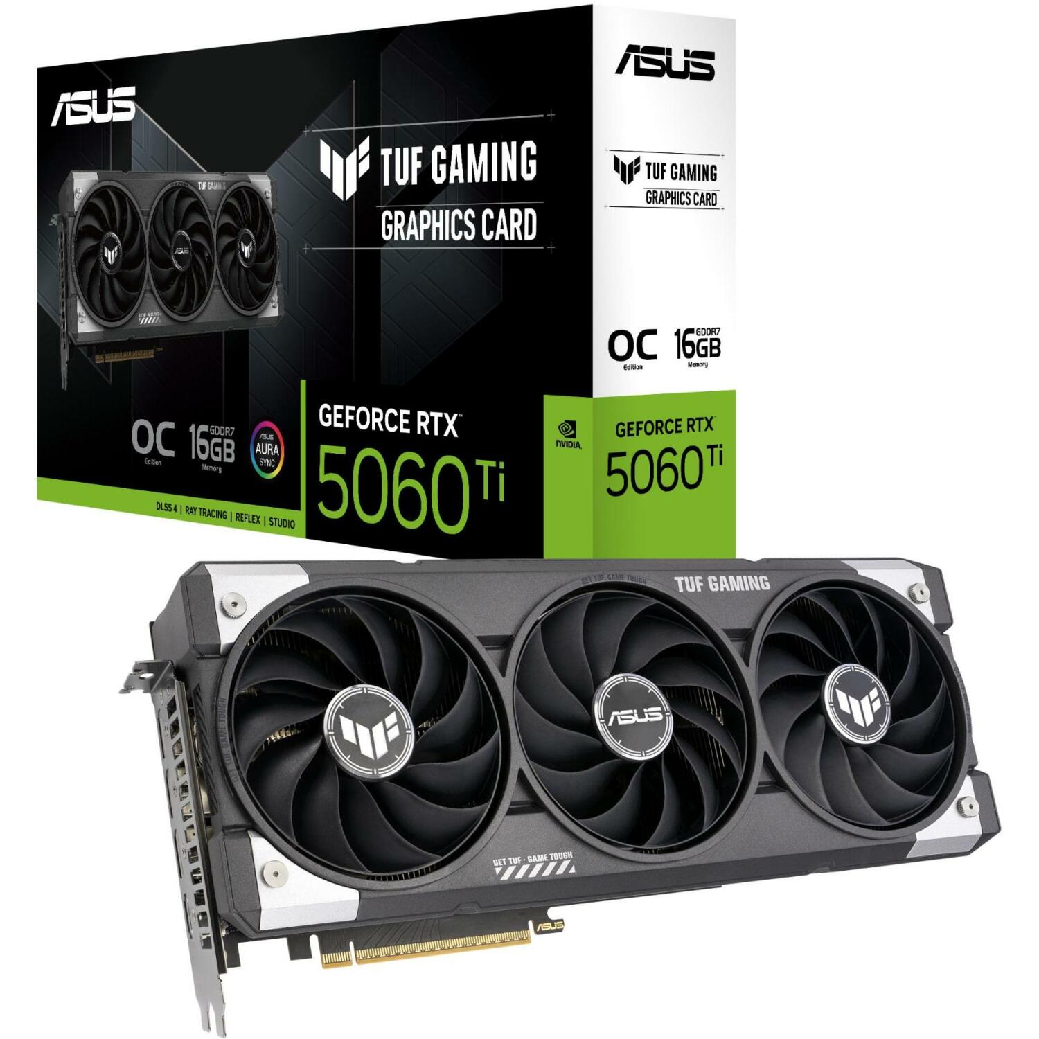 Asus Видеокарта TUF-RTX5060TI-O16G GAMING, 16 ГБ GDDR7, 7680 x 4320, PCIe 5.0, 3 вентилятора, Многоцветная подсветка (TUF-RTX5060TI-O16G GAMING)
