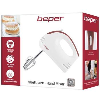 Beper Миксер P102SBA110, 200 Вт, 5 скоростей, насадки из нержавеющей стали, резиновая ручка, моющиеся насадки (P102SBA110)