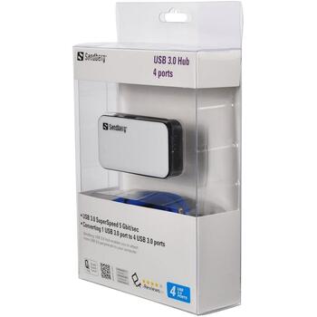 Sandberg 133-72 USB 3.0 centrmezgls, 4 porti, 5000 Mbit/s, USB 3.2 Gen 1, 1 m, melns/balts (133-72)