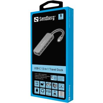Sandberg USB-C 13-in-1 дорожная док-станция 136-45, 1xUSB-C для питания, 1xUSB-C для данных, 2xHDMI, 1xVGA, 3xUSB 3.0 A, 1xUSB 2.0 (136-45)