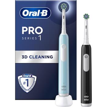 Oral-B электрическая зубная щетка Pro1 Duo Blue Black, 2 насадки, 3 режима, аккумуляторная, для взрослых, синий/черный (Pro1 Duo Blue Black)
