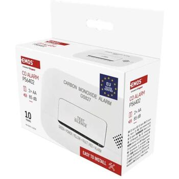 Emos Детектор угарного газа GS827 P56402, 38 × 120 × 80 мм, 10 лет, 2 × 1,5 В AA, 30–95%, IP30, >85 дБ, оптический и звуковой (P56402)