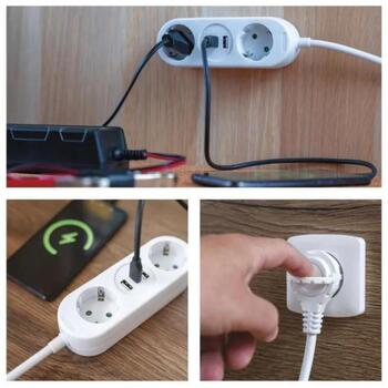 Emos Удлинитель P0221U, 1,5м, 2×2P+PE, 2×USB-A, 1×USB-C, 5V, 3,4A, 3680W, PVC, защита от детей (P0221U)