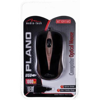 Media-Tech оптическая мышь PLANO MT1091MO, USB 5V, черный, золотой, универсальная форма, 3 кнопки, 1 колесо прокрутки (MT1091MO)