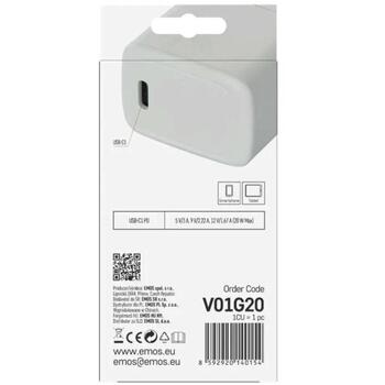 Emos Универсальное USB настенное зарядное устройство GaN V01G20, 20 Вт, 100-240 В, 1 x USB C, быстрая зарядка (V01G20)