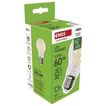 Emos LED лампочка FILAMENT A60 ZF5148, 3,8 Вт, 806 лм, 230 В, 50 000 часов, E27, нейтрально-белый, 360°, 4 COB чипа (ZF5148)