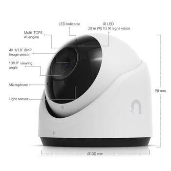 IP камера видеонаблюдения 4K PoE 8 МП сенсор 1 1.8″ AI распознавание событий ИК ночное видение 30 м микрофон защита от погодных условий IP66 настенное потолочное крепление G6 Turret Белая Ubiquiti (UVC-G6-TURRET-W)