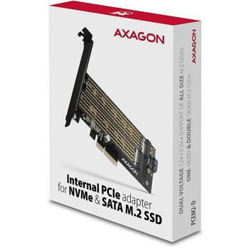 Axagon Adapteris PCEM2-D PCIe NVMe+SATA M.2, 2 M.2 diski, 110 mm, strāvas adapteris, stiprinājums, 50 cm SATA datu kabelis (PCEM2-D)