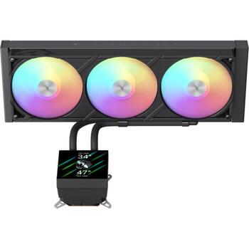Gamemax procesora šķidruma dzesētājs GLACIER 360 LCD BK, 85.82 cfm, 800-2000 rpm, TDP līdz 330W, ARGB ventilators (GLACIER 360 LCD BK)