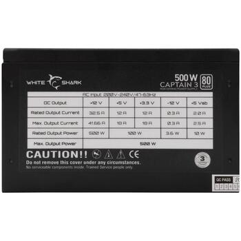 White Shark Barošanas bloks CAPTAIN 3, 500 W, 80 Plus, 1x24-pin, 1x4/8-pin, 6xSATA, 4xMOLEX, 2xPCI-E 6/8-pin (CAPTAIN 3)
