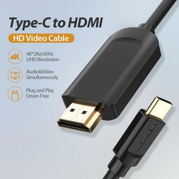 Vention Видео кабель адаптер CGUBH 2м, USB Type-C, HDMI, 3840 x 2160, 30Гц, 3 слоя защиты, черный (CGUBH)