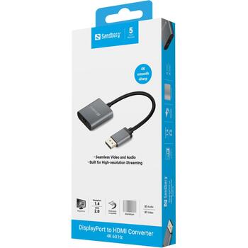 Sandberg 509-19 Адаптер DP1.4>HDMI2.0, 4K60, 6 Гбит/с, 3840x2160, 60 Гц, серый (509-19)