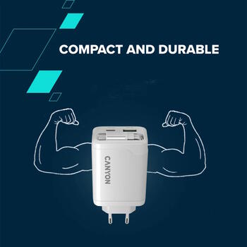 Kompakts sienas lādētājs ar integrētu USB C kabeli 65 W kopējo jaudu 1×PD un 1×QC ātrās uzlādes portu OnCharge 65RC Build In Cable EU Melns CNS-CURC65ACB CANYON (CNS-CURC65ACB)